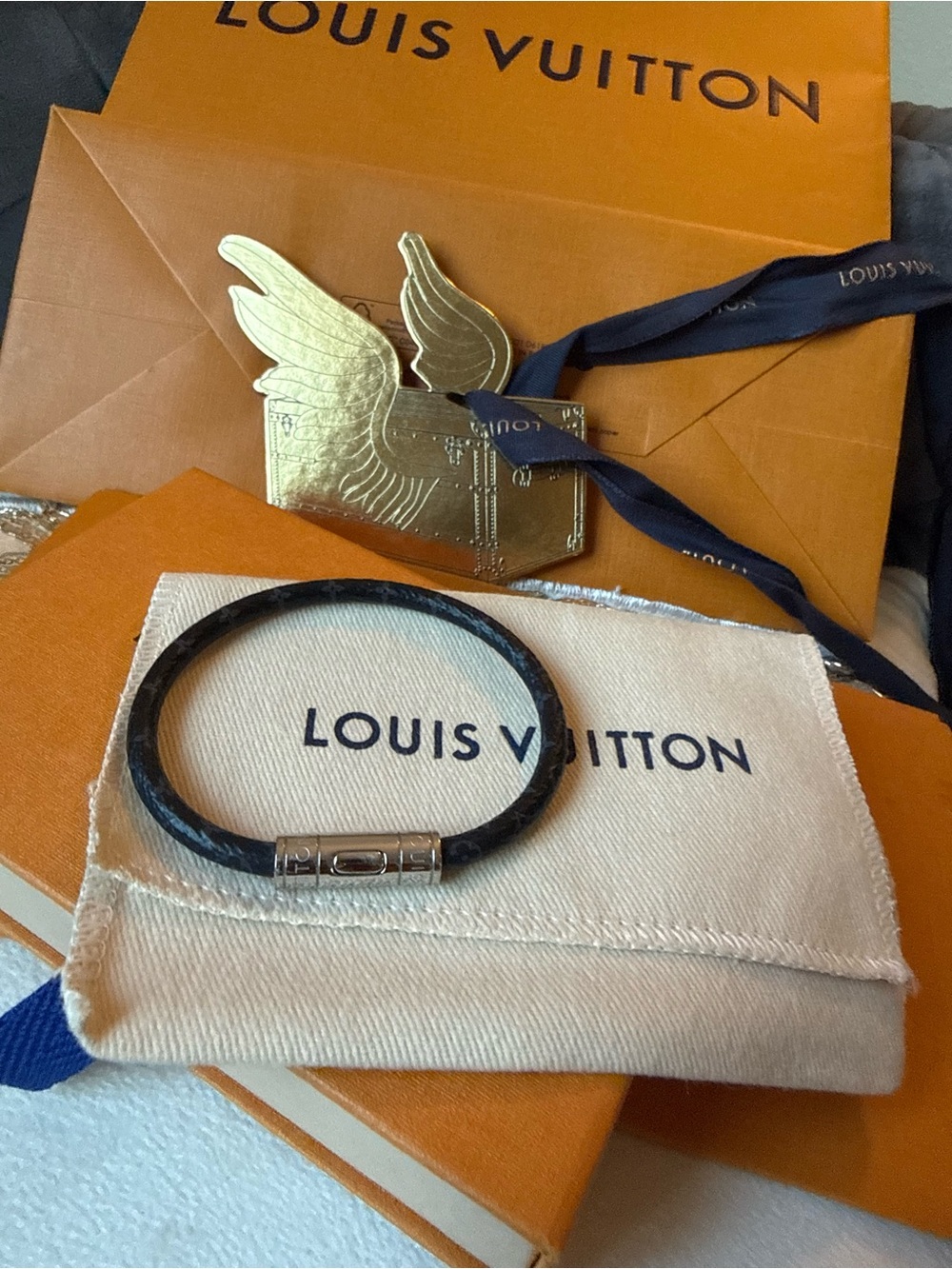 Louis Vuitton Navy Leather Bracelet with Silver-Tone Clasp